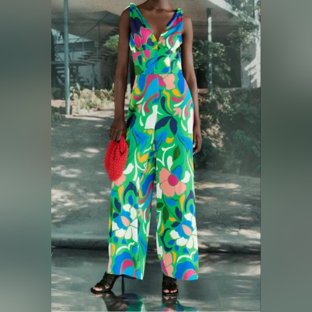 ZARA PRINTED V-NECK JUMPSUIT WITH KNOTTED STRAPS MULTICOLORED